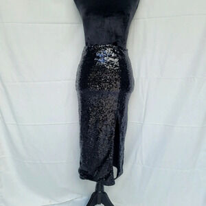 Divided H&M Skirt Womens Front Slit Lined Sequins Black Midi Fitted Stretch XS